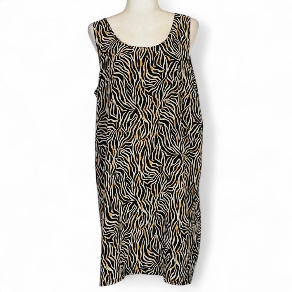 Vintage 80s 90s No brand Striped Zebra Animal Print Black Tan Slip Dress Chemise